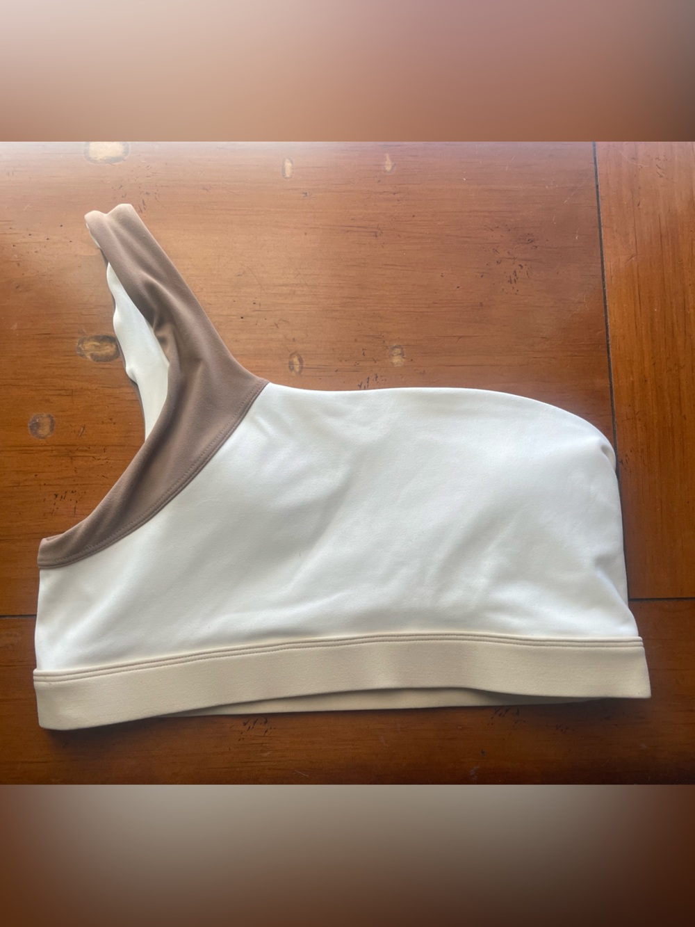 Fabletics White and Taupe One-Shoulder Sports Bra